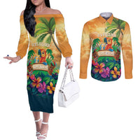 5 Oclock Somewhere Personalized Couples Matching Off The Shoulder Long Sleeve Dress and Long Sleeve Button Shirt Hawaii Parrots Plumeria Summer Vibe - Polynesian Pride