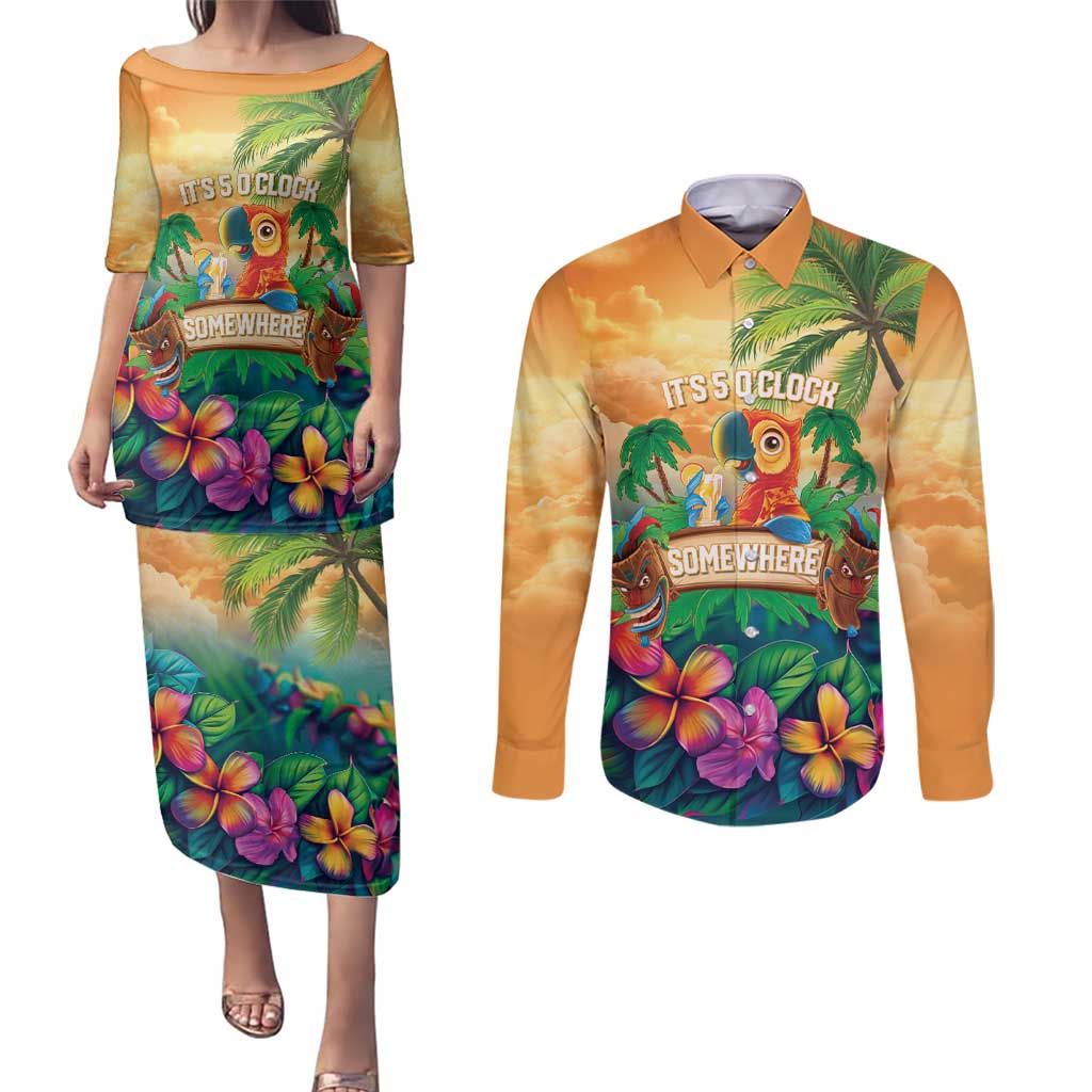 5 Oclock Somewhere Personalized Couples Matching Puletasi and Long Sleeve Button Shirt Hawaii Parrots Plumeria Summer Vibe - Polynesian Pride