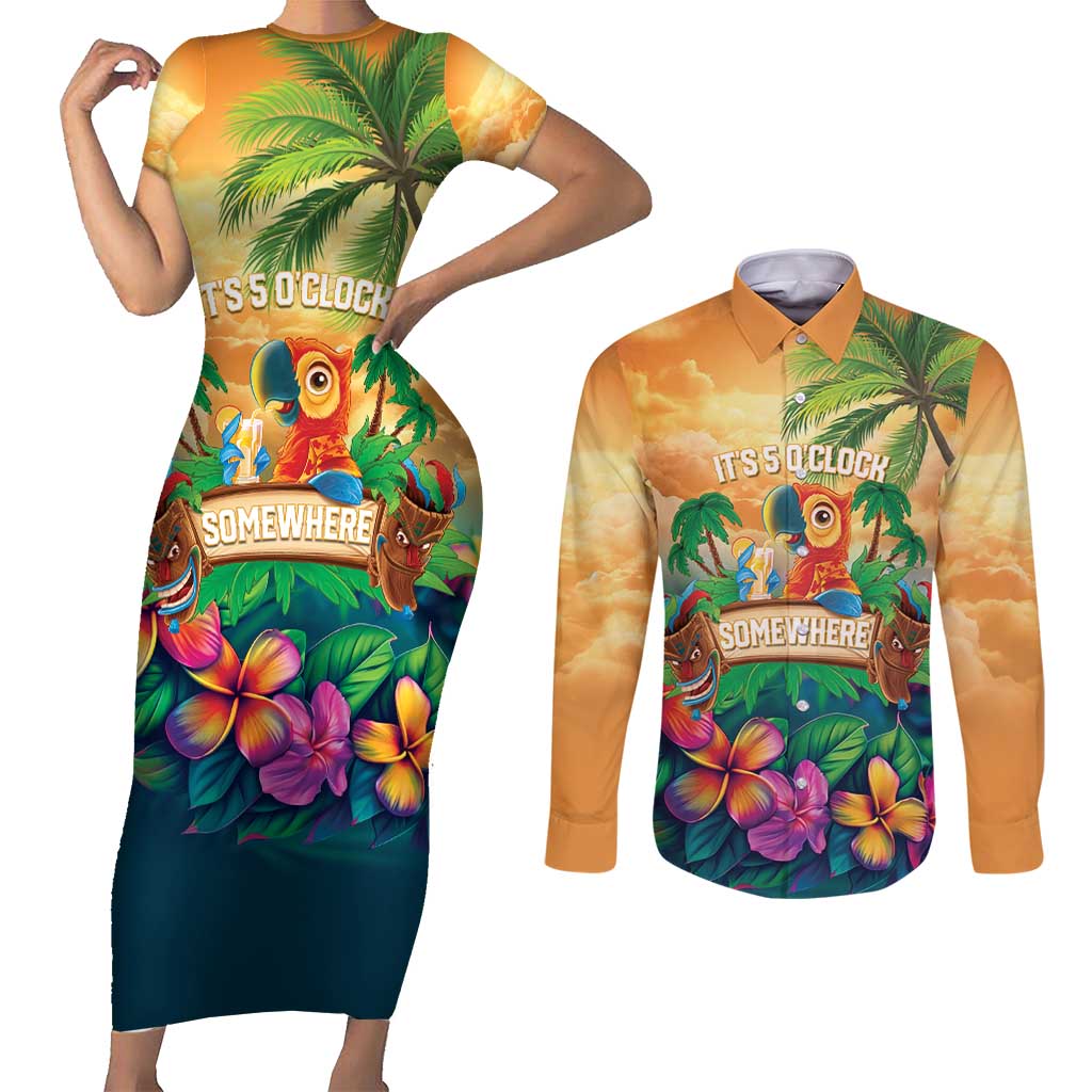 5 Oclock Somewhere Personalized Couples Matching Short Sleeve Bodycon Dress and Long Sleeve Button Shirt Hawaii Parrots Plumeria Summer Vibe - undefined