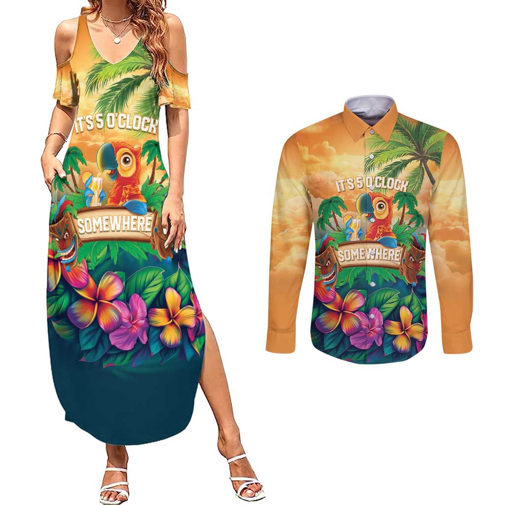 5 Oclock Somewhere Personalized Couples Matching Summer Maxi Dress and Long Sleeve Button Shirt Hawaii Parrots Plumeria Summer Vibe - Polynesian Pride