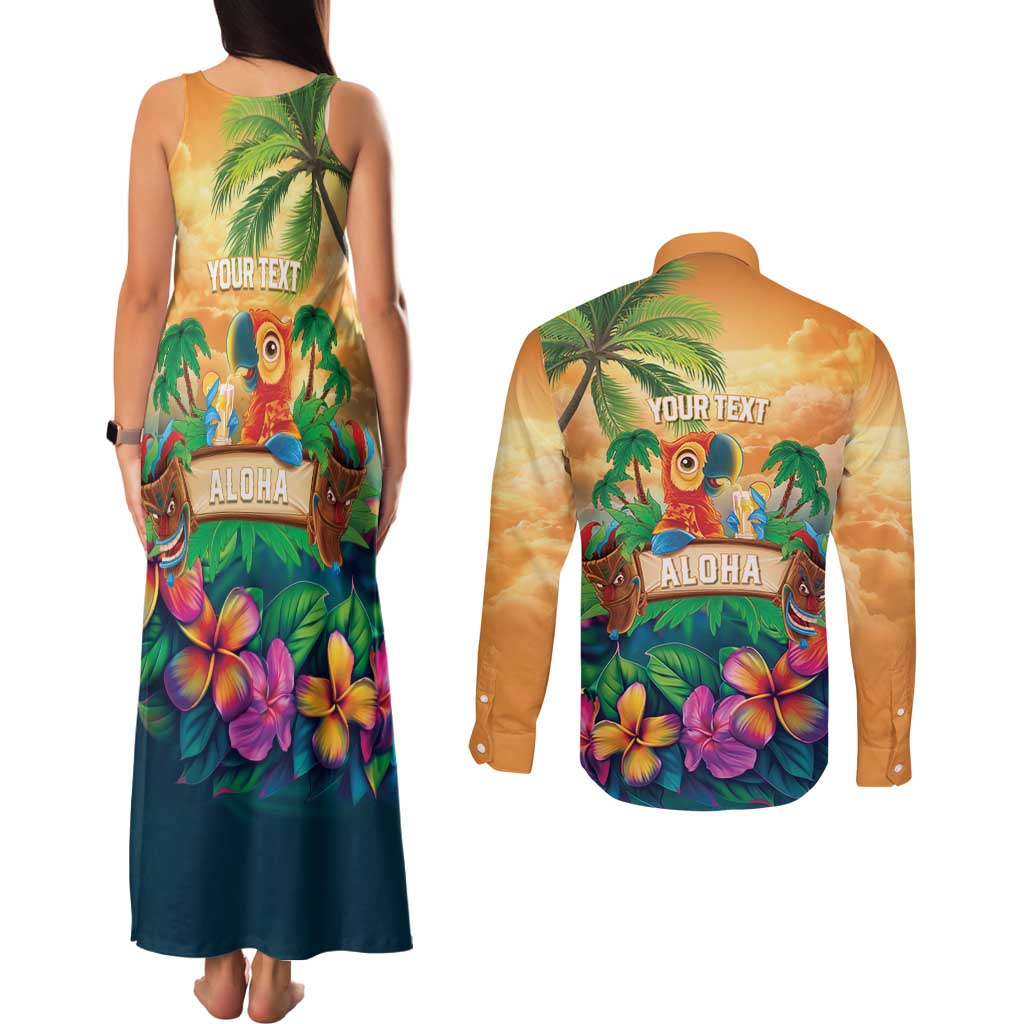 5 Oclock Somewhere Personalized Couples Matching Tank Maxi Dress and Long Sleeve Button Shirt Hawaii Parrots Plumeria Summer Vibe - Polynesian Pride