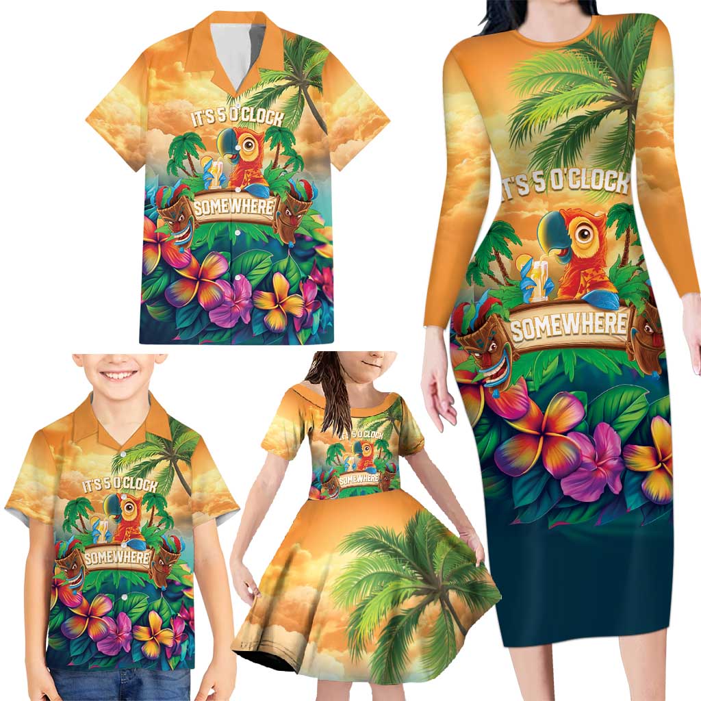 5 Oclock Somewhere Personalized Family Matching Long Sleeve Bodycon Dress and Hawaiian Shirt Hawaii Parrots Plumeria Summer Vibe - Polynesian Pride