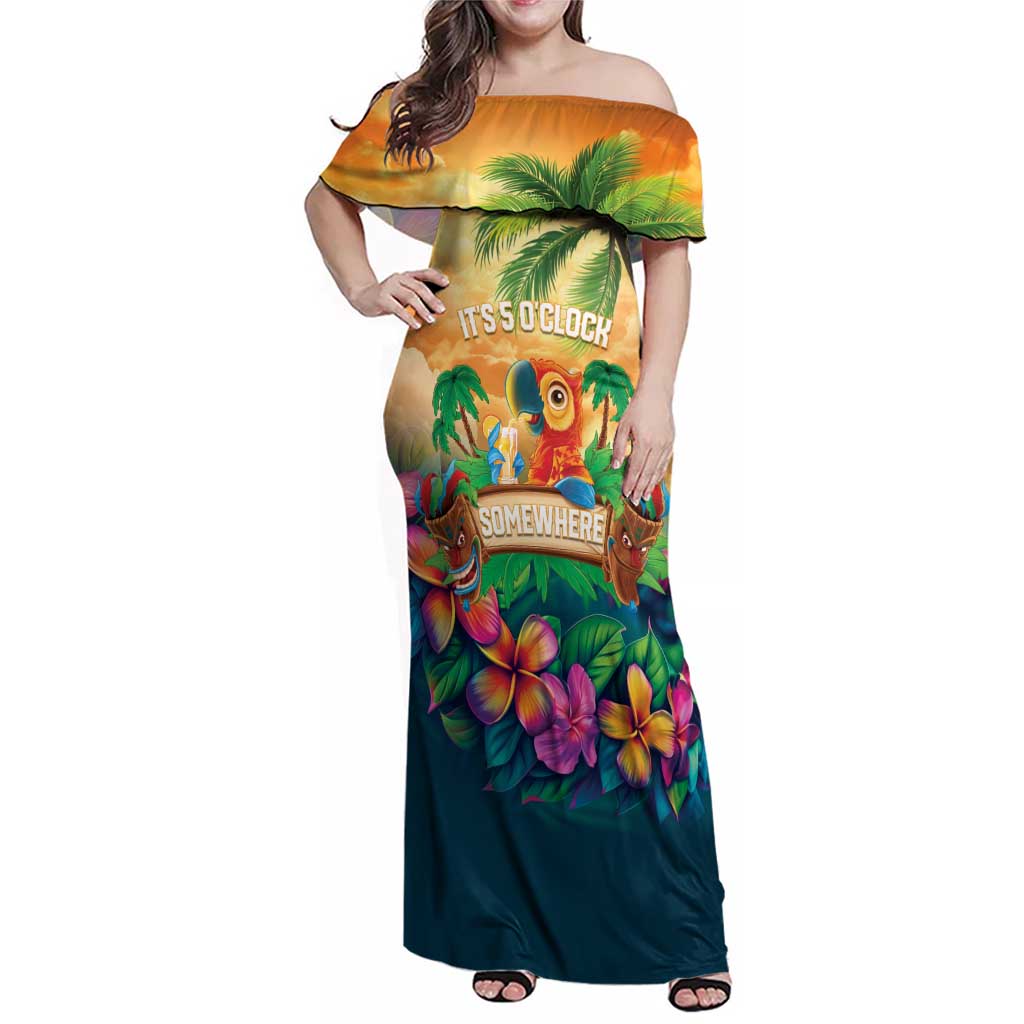 5 Oclock Somewhere Personalized Family Matching Off Shoulder Maxi Dress and Hawaiian Shirt Hawaii Parrots Plumeria Summer Vibe - Polynesian Pride