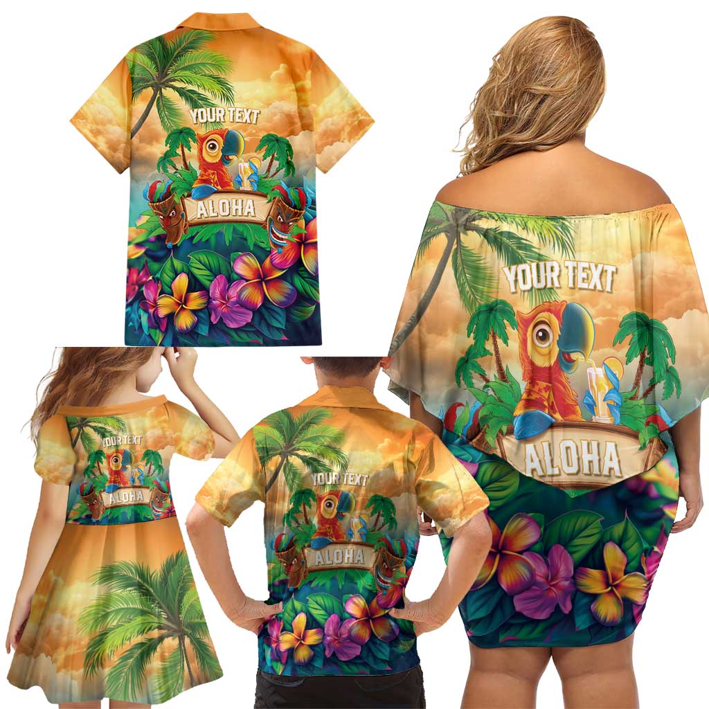 5 Oclock Somewhere Personalized Family Matching Off Shoulder Short Dress and Hawaiian Shirt Hawaii Parrots Plumeria Summer Vibe - Polynesian Pride