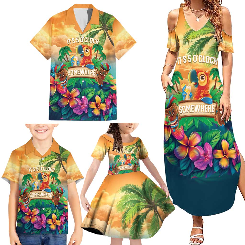 5 Oclock Somewhere Personalized Family Matching Summer Maxi Dress and Hawaiian Shirt Hawaii Parrots Plumeria Summer Vibe - Polynesian Pride