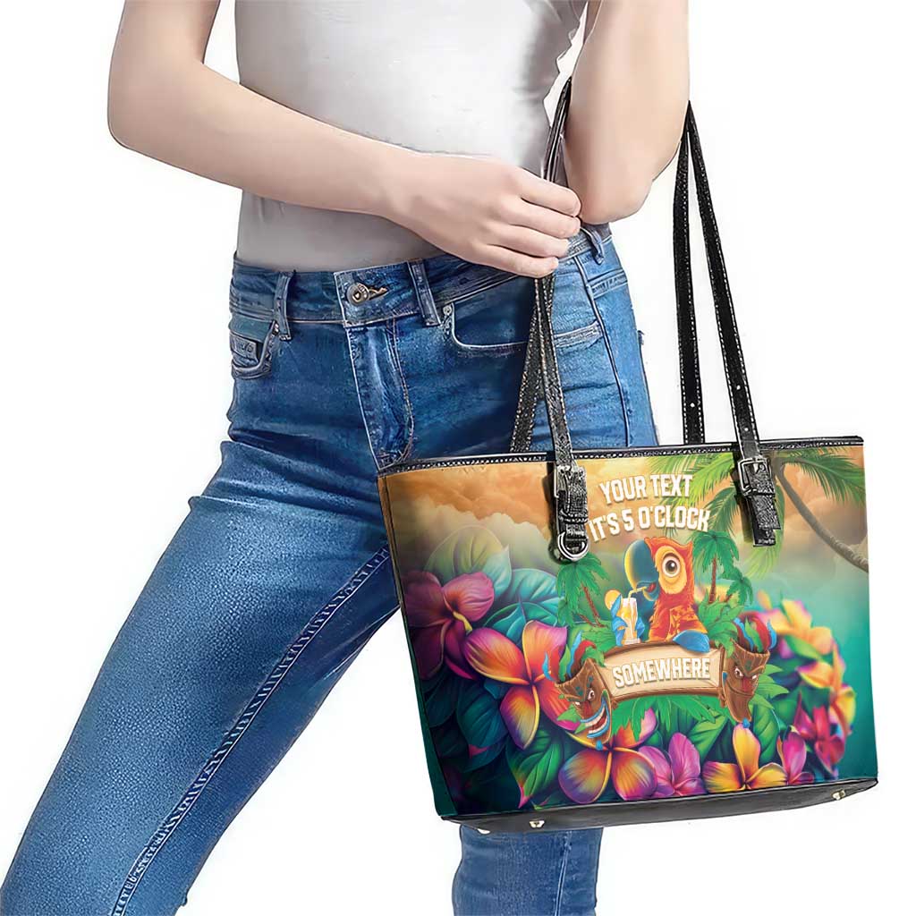 5 Oclock Somewhere Personalized Leather Tote Bag Hawaii Parrots Plumeria Summer Vibe - Polynesian Pride