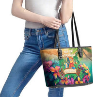 5 Oclock Somewhere Personalized Leather Tote Bag Hawaii Parrots Plumeria Summer Vibe - Polynesian Pride