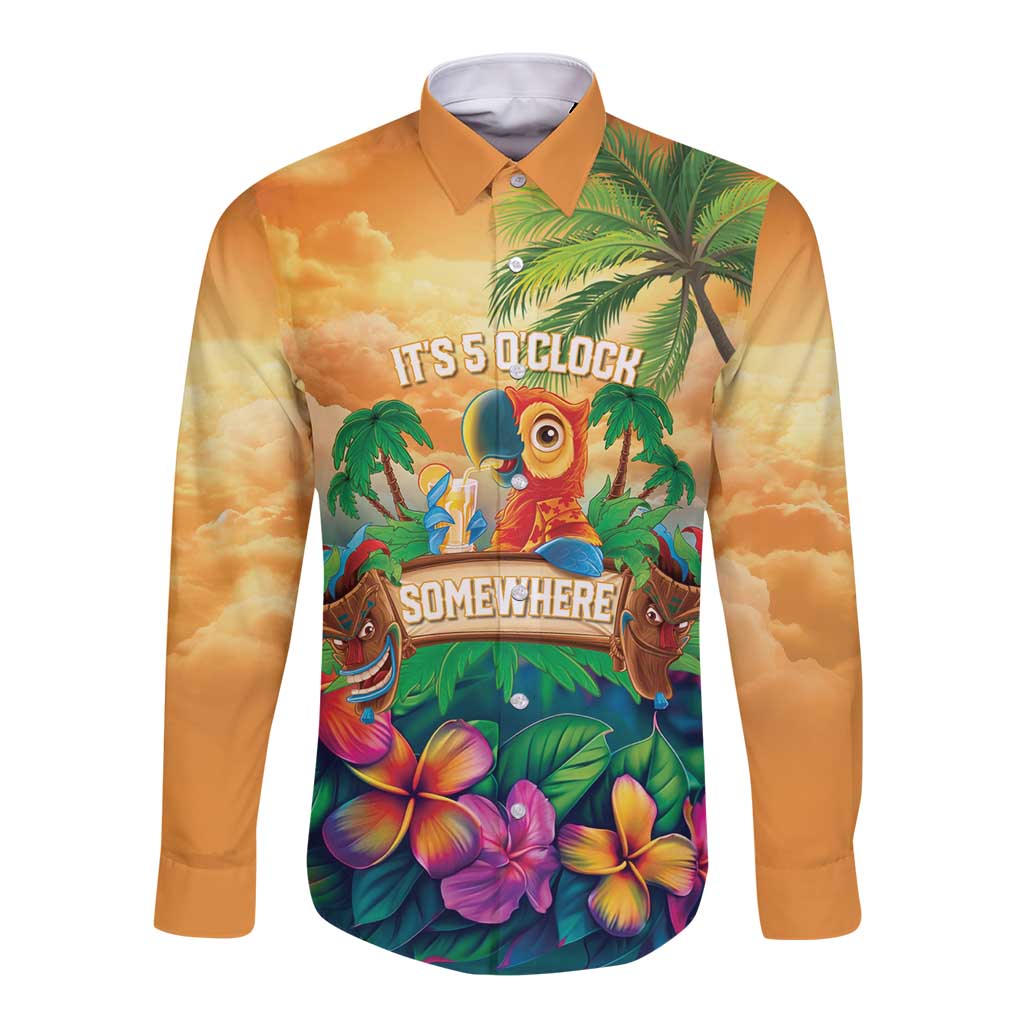 5 Oclock Somewhere Personalized Long Sleeve Button Shirt Hawaii Parrots Plumeria Summer Vibe - Polynesian Pride