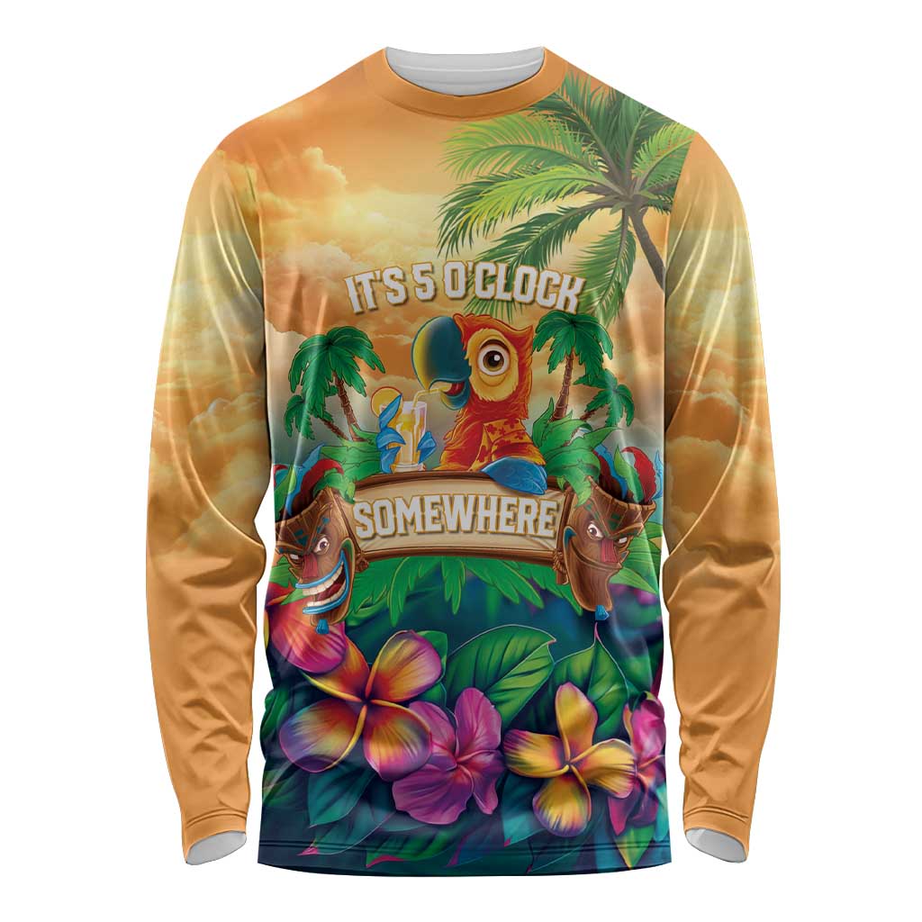 5 Oclock Somewhere Personalized Long Sleeve Shirt Hawaii Parrots Plumeria Summer Vibe - Polynesian Pride