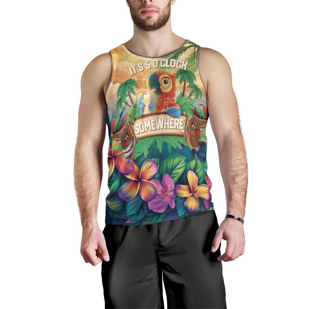 5 Oclock Somewhere Personalized Men Tank Top Hawaii Parrots Plumeria Summer Vibe LT9 - Polynesian Pride