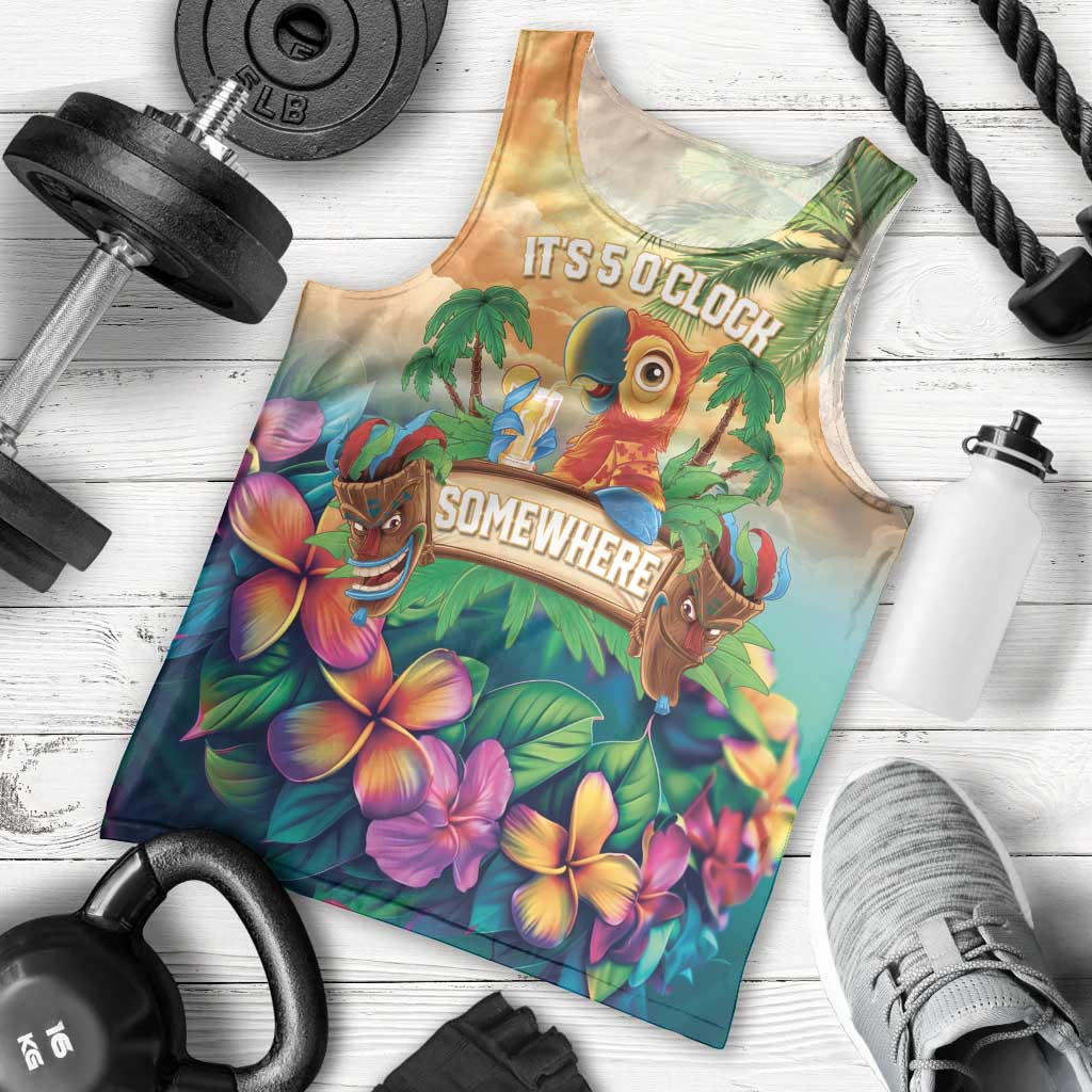 5 Oclock Somewhere Personalized Men Tank Top Hawaii Parrots Plumeria Summer Vibe LT9 - Polynesian Pride