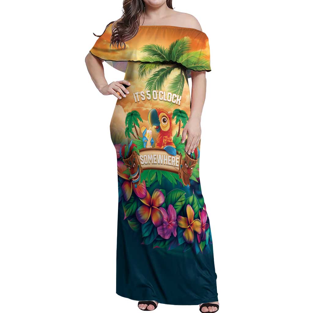5 Oclock Somewhere Personalized Off Shoulder Maxi Dress Hawaii Parrots Plumeria Summer Vibe LT9 Women Yellow - Polynesian Pride