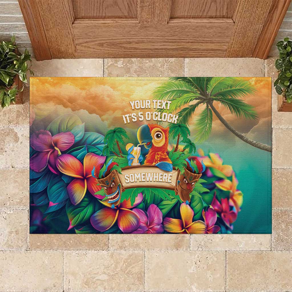 5 Oclock Somewhere Personalized Rubber Doormat Hawaii Parrots Plumeria Summer Vibe - Polynesian Pride