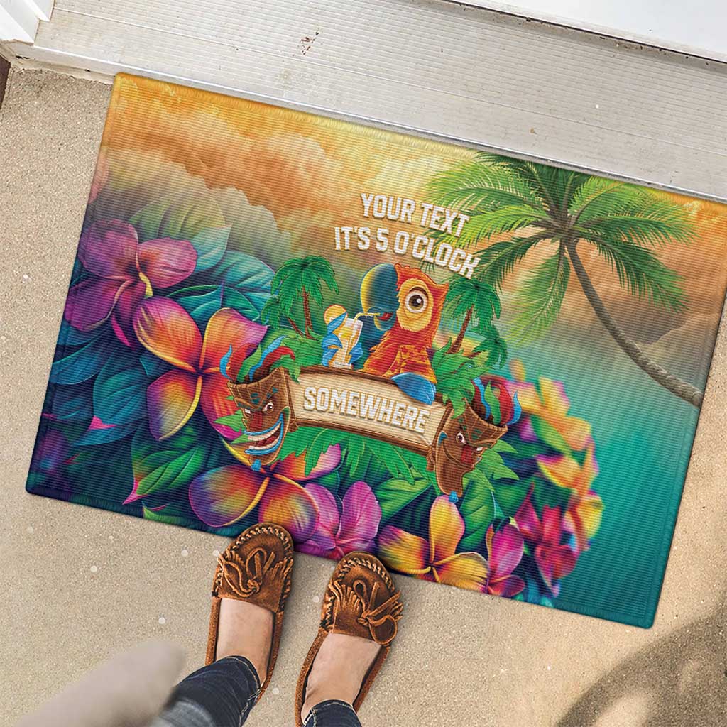 5 Oclock Somewhere Personalized Rubber Doormat Hawaii Parrots Plumeria Summer Vibe - Polynesian Pride
