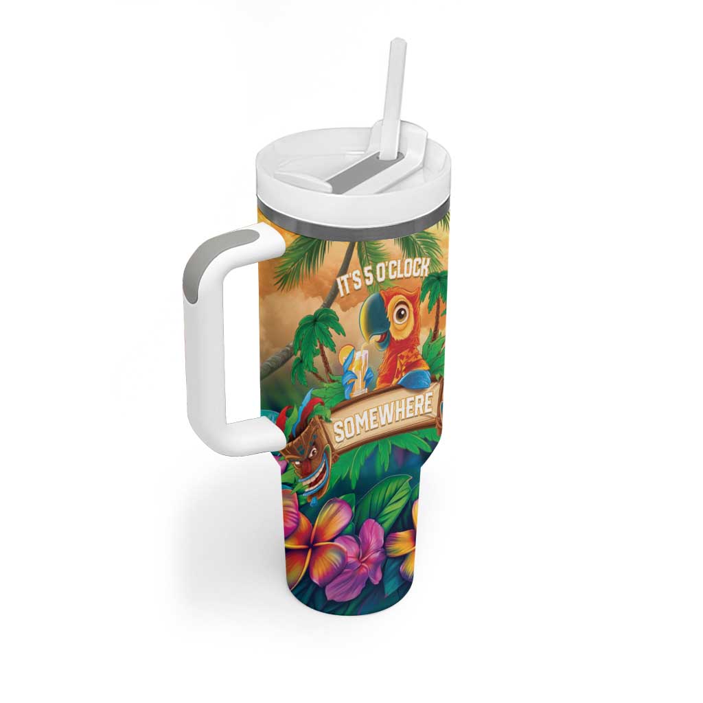 5 Oclock Somewhere Personalized Tumbler With Handle Hawaii Parrots Plumeria Summer Vibe - Polynesian Pride
