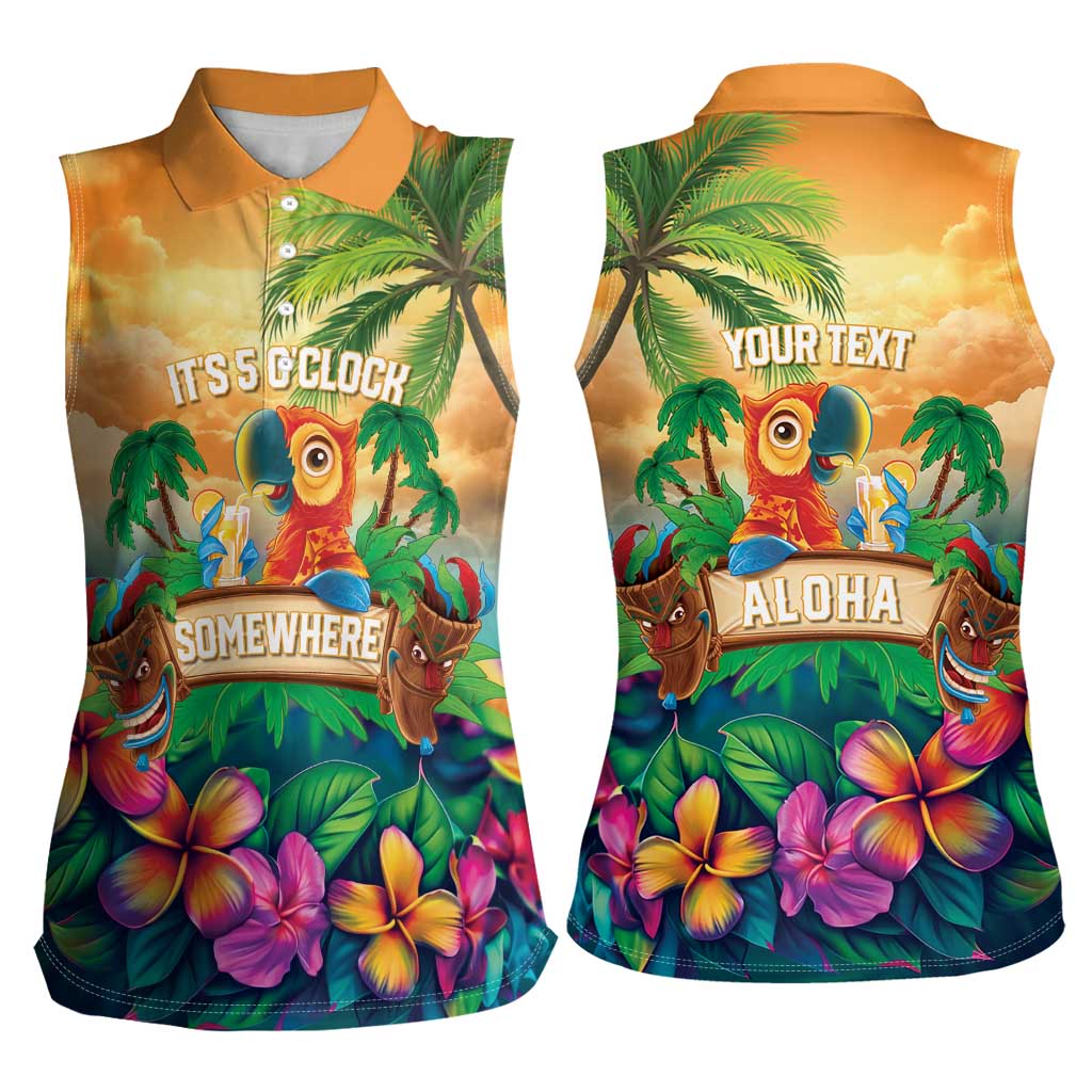 5 Oclock Somewhere Personalized Women Sleeveless Polo Shirt Hawaii Parrots Plumeria Summer Vibe - Polynesian Pride