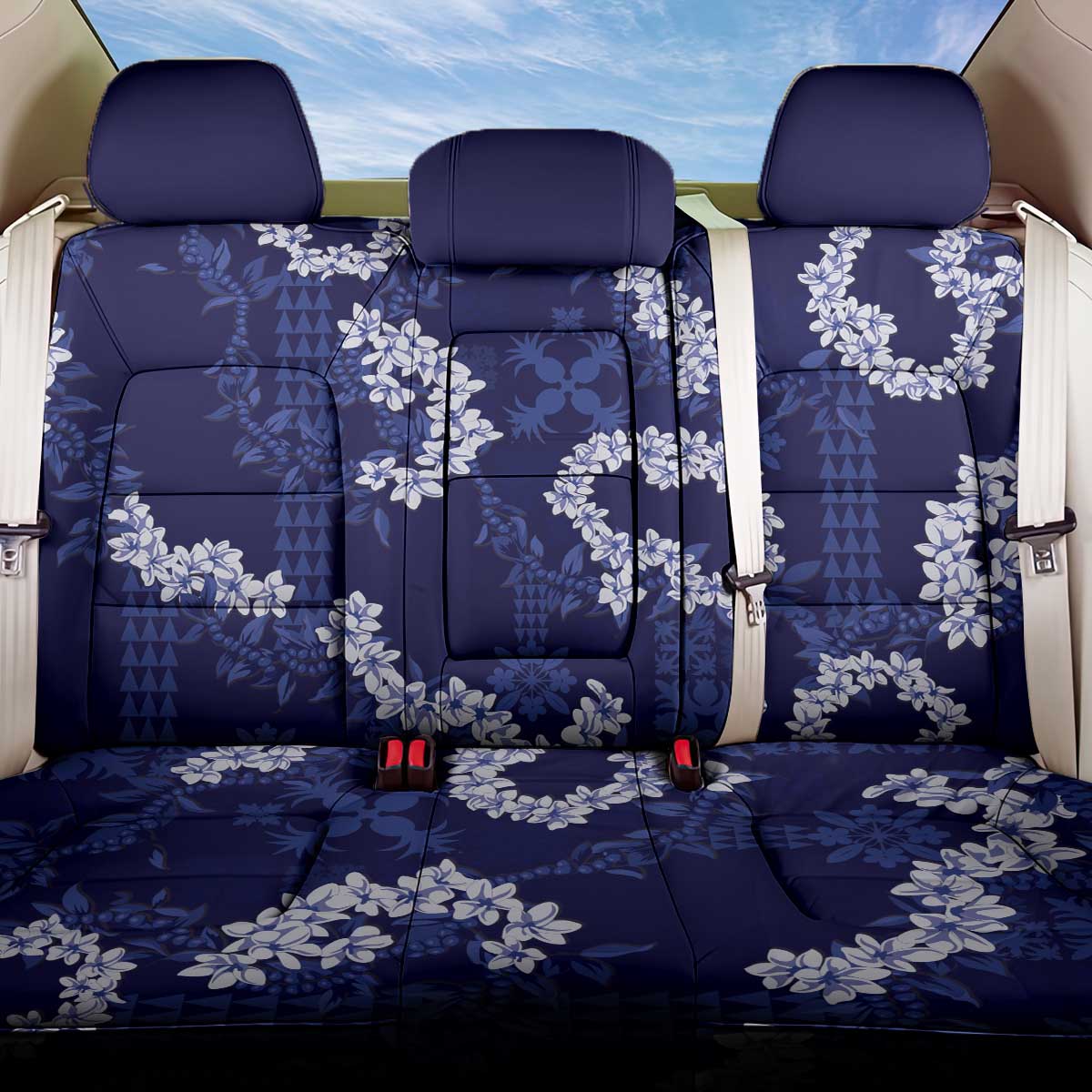 Mokihana Maile and Ilima Leis Back Car Seat Cover Uliuli Hawaiian Tapa Quilt Pattern - Polynesian Pride