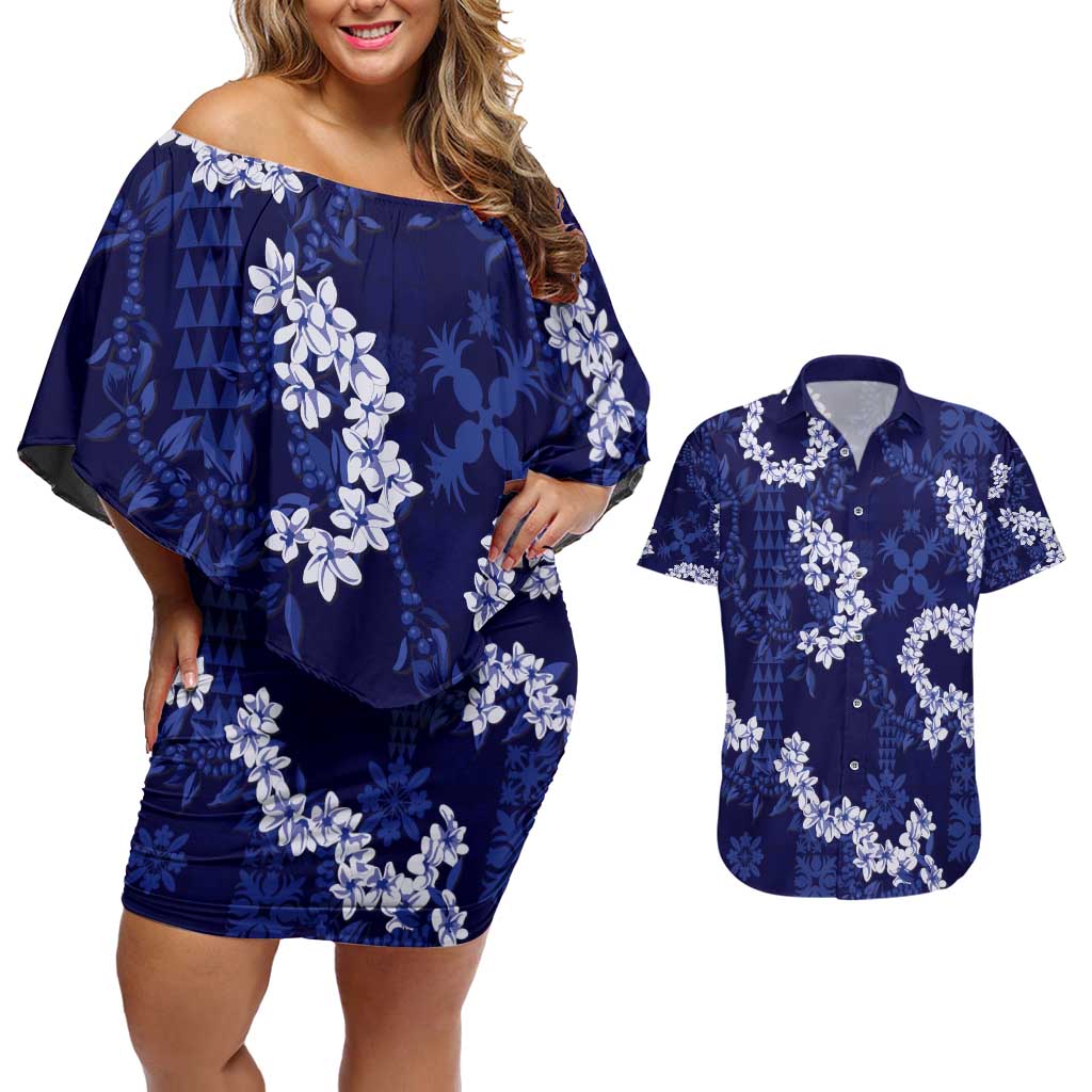 Mokihana Maile and Ilima Leis Couples Matching Off Shoulder Short Dress and Hawaiian Shirt Uliuli Hawaiian Tapa Quilt Pattern - Polynesian Pride
