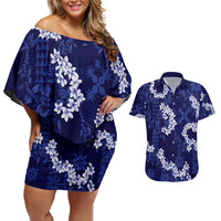 Mokihana Maile and Ilima Leis Couples Matching Off Shoulder Short Dress and Hawaiian Shirt Uliuli Hawaiian Tapa Quilt Pattern - Polynesian Pride