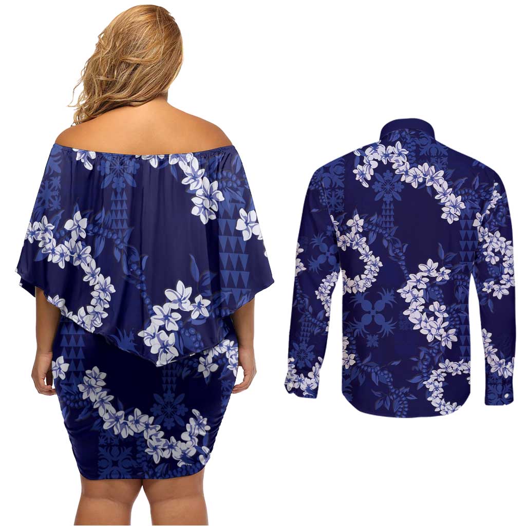 Mokihana Maile and Ilima Leis Couples Matching Off Shoulder Short Dress and Long Sleeve Button Shirt Uliuli Hawaiian Tapa Quilt Pattern - Polynesian Pride