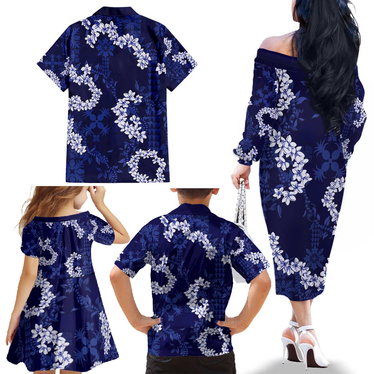 Mokihana Maile and Ilima Leis Family Matching Off The Shoulder Long Sleeve Dress and Hawaiian Shirt Uliuli Hawaiian Tapa Quilt Pattern - Polynesian Pride