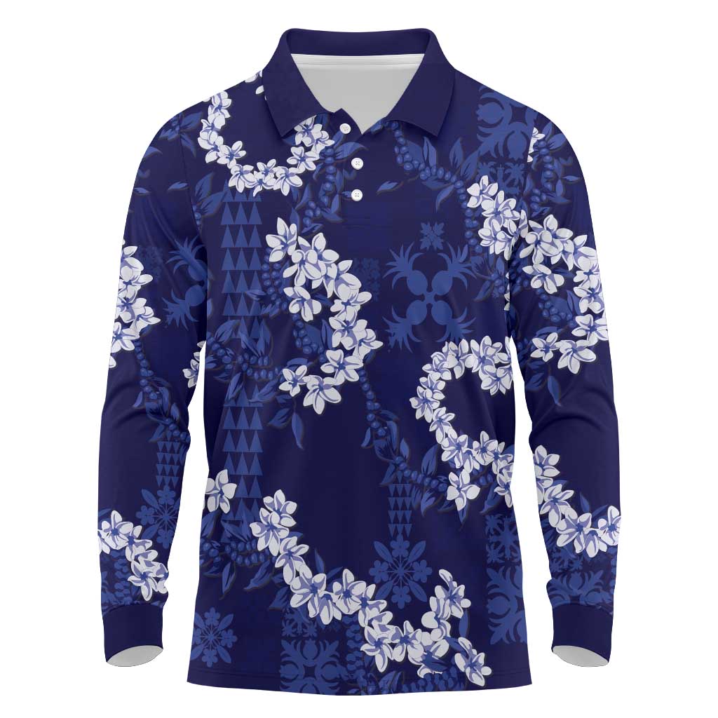 Mokihana Maile and Ilima Leis Long Sleeve Polo Shirt Uliuli Hawaiian Tapa Quilt Pattern - Polynesian Pride