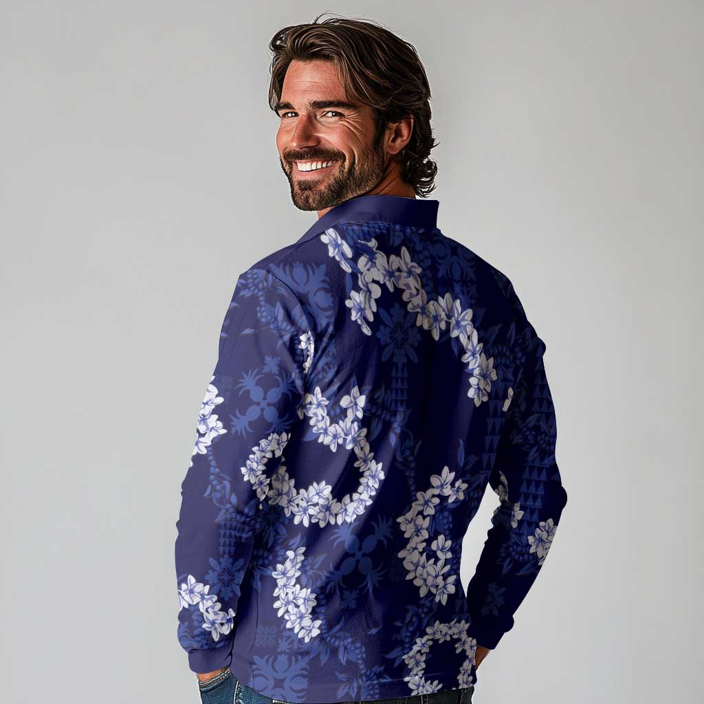 Mokihana Maile and Ilima Leis Long Sleeve Polo Shirt Uliuli Hawaiian Tapa Quilt Pattern - Polynesian Pride