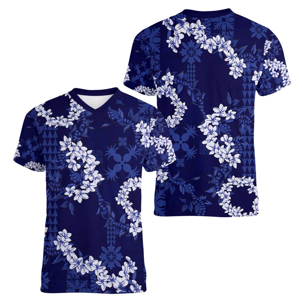 Mokihana Maile and Ilima Leis Women V-Neck T-Shirt Uliuli Hawaiian Tapa Quilt Pattern - Polynesian Pride