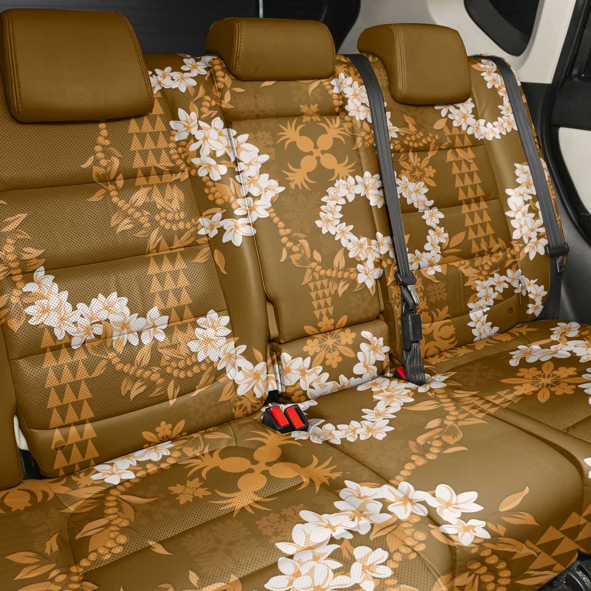 Mokihana Maile and Ilima Leis Back Car Seat Cover Alani Hawaiian Tapa Quilt Pattern - Polynesian Pride