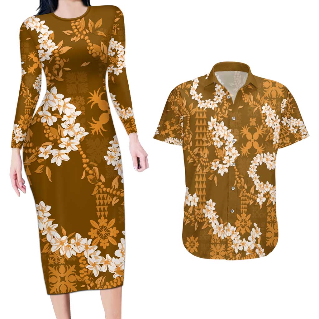 Mokihana Maile and Ilima Leis Couples Matching Long Sleeve Bodycon Dress and Hawaiian Shirt Alani Hawaiian Tapa Quilt Pattern - Polynesian Pride
