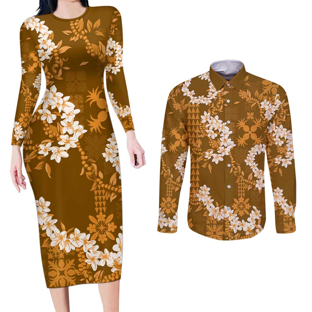 Mokihana Maile and Ilima Leis Couples Matching Long Sleeve Bodycon Dress and Long Sleeve Button Shirt Alani Hawaiian Tapa Quilt Pattern - Polynesian Pride