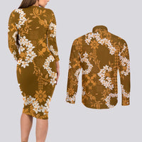 Mokihana Maile and Ilima Leis Couples Matching Long Sleeve Bodycon Dress and Long Sleeve Button Shirt Alani Hawaiian Tapa Quilt Pattern - Polynesian Pride