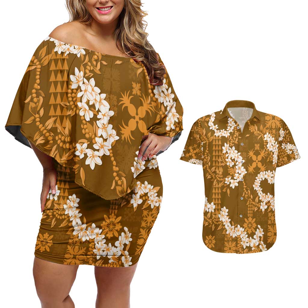 Mokihana Maile and Ilima Leis Couples Matching Off Shoulder Short Dress and Hawaiian Shirt Alani Hawaiian Tapa Quilt Pattern - Polynesian Pride