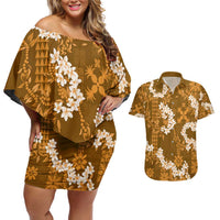 Mokihana Maile and Ilima Leis Couples Matching Off Shoulder Short Dress and Hawaiian Shirt Alani Hawaiian Tapa Quilt Pattern - Polynesian Pride