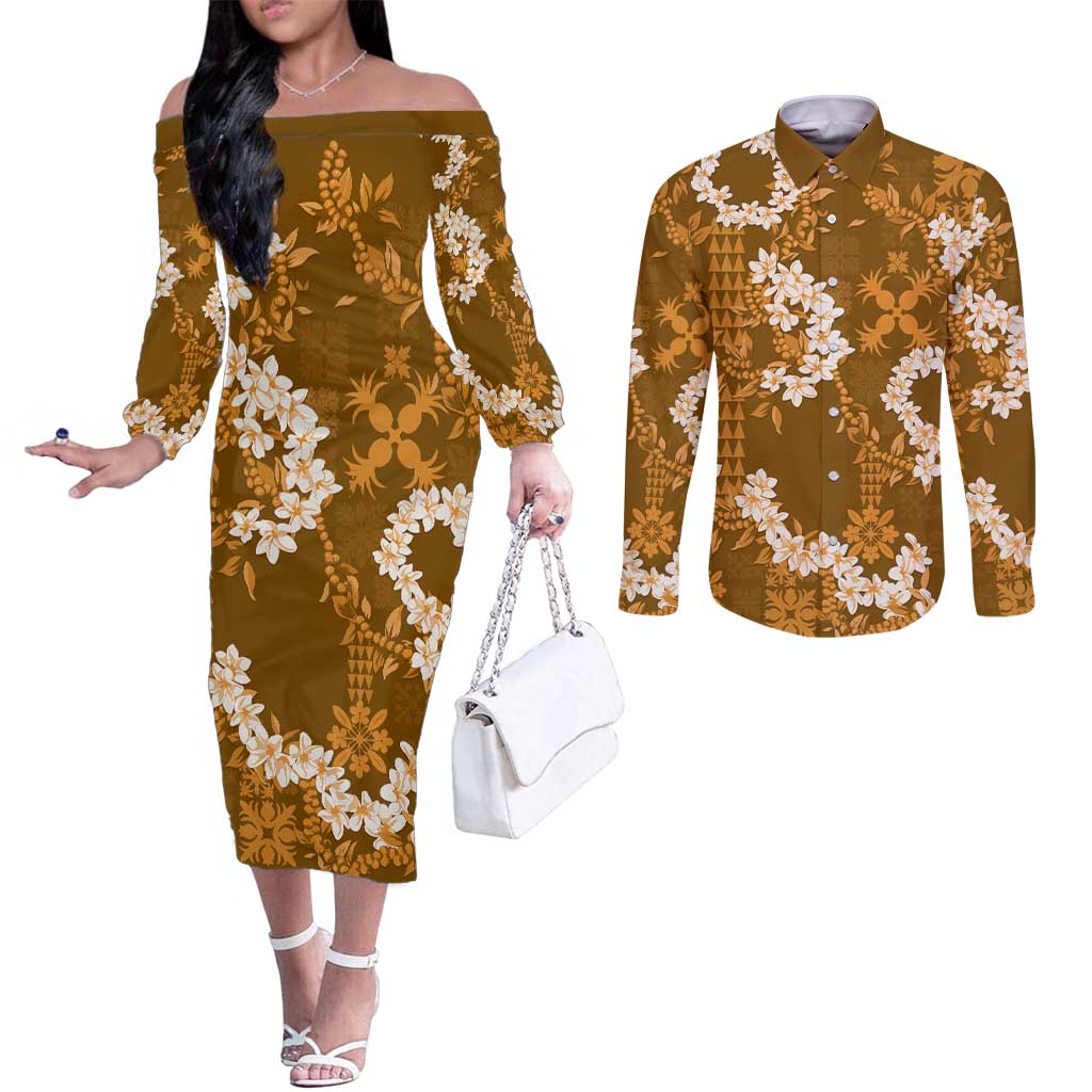 Mokihana Maile and Ilima Leis Couples Matching Off The Shoulder Long Sleeve Dress and Long Sleeve Button Shirt Alani Hawaiian Tapa Quilt Pattern - Polynesian Pride