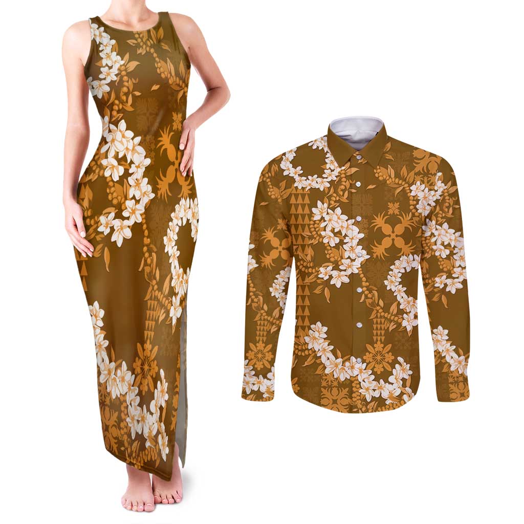 Mokihana Maile and Ilima Leis Couples Matching Tank Maxi Dress and Long Sleeve Button Shirt Alani Hawaiian Tapa Quilt Pattern - Polynesian Pride