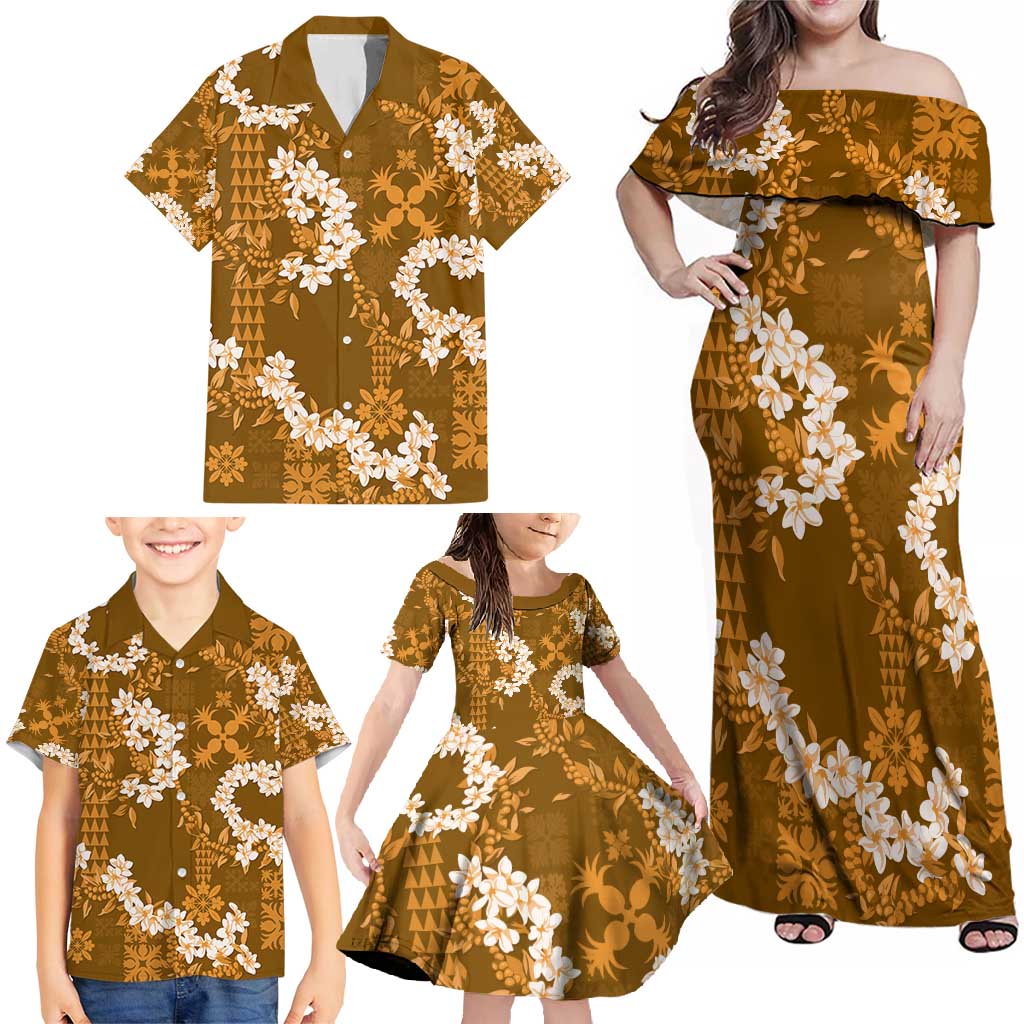 Mokihana Maile and Ilima Leis Family Matching Off Shoulder Maxi Dress and Hawaiian Shirt Alani Hawaiian Tapa Quilt Pattern - Polynesian Pride