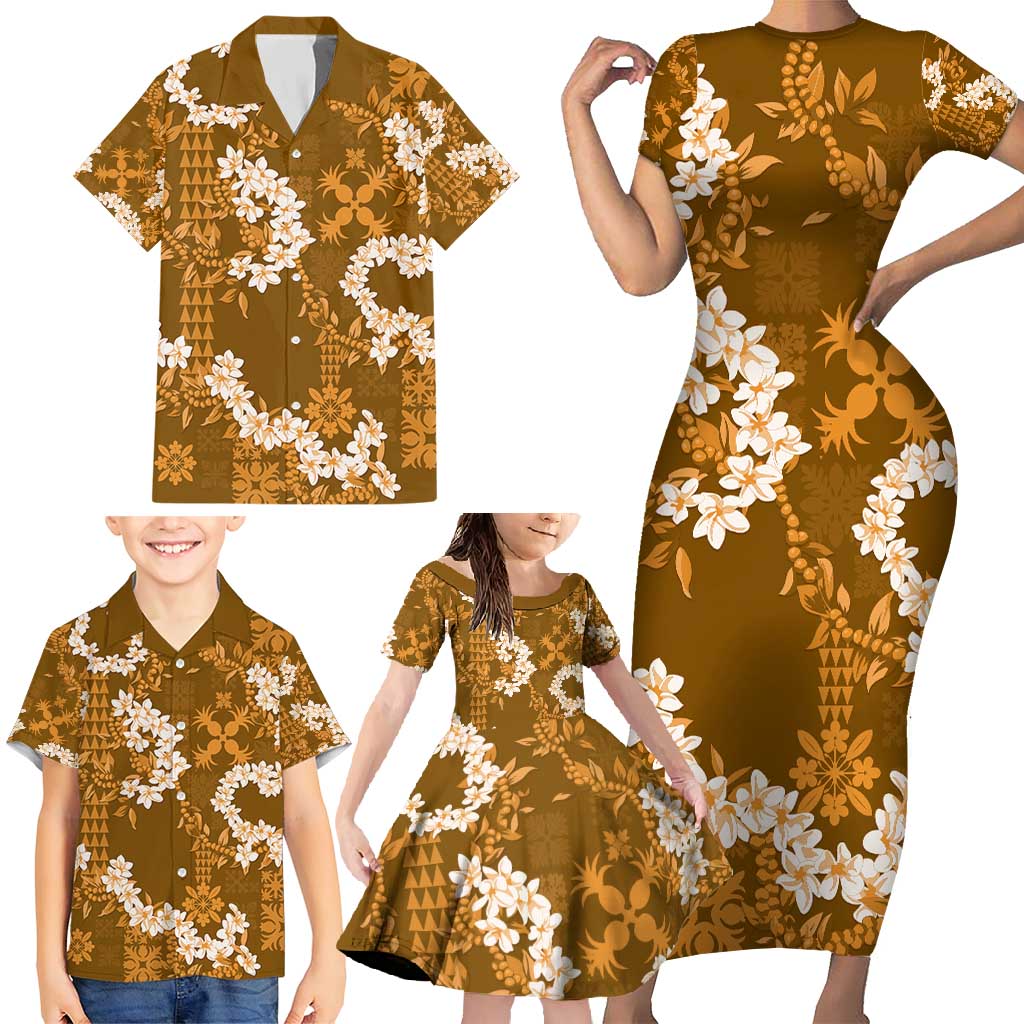 Mokihana Maile and Ilima Leis Family Matching Short Sleeve Bodycon Dress and Hawaiian Shirt Alani Hawaiian Tapa Quilt Pattern - Polynesian Pride