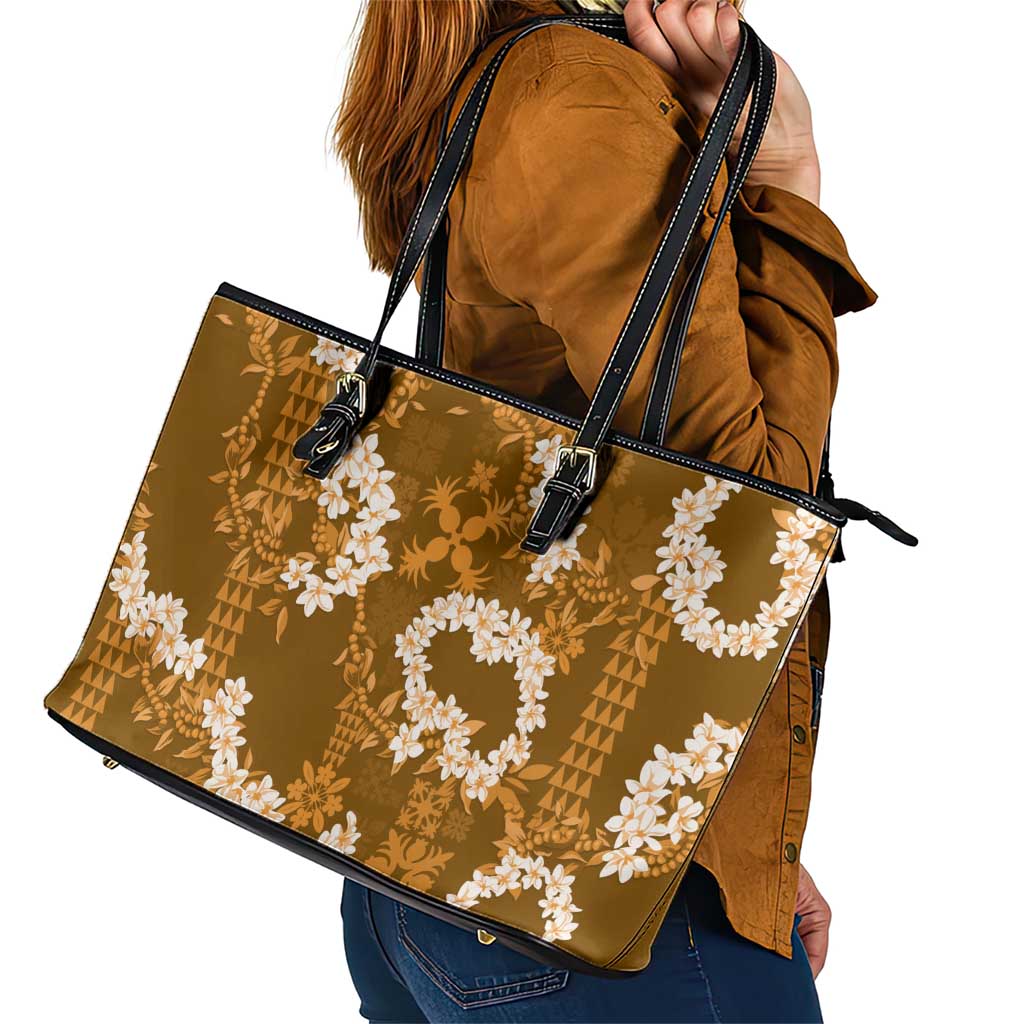 Mokihana Maile and Ilima Leis Leather Tote Bag Alani Hawaiian Tapa Quilt Pattern - Polynesian Pride