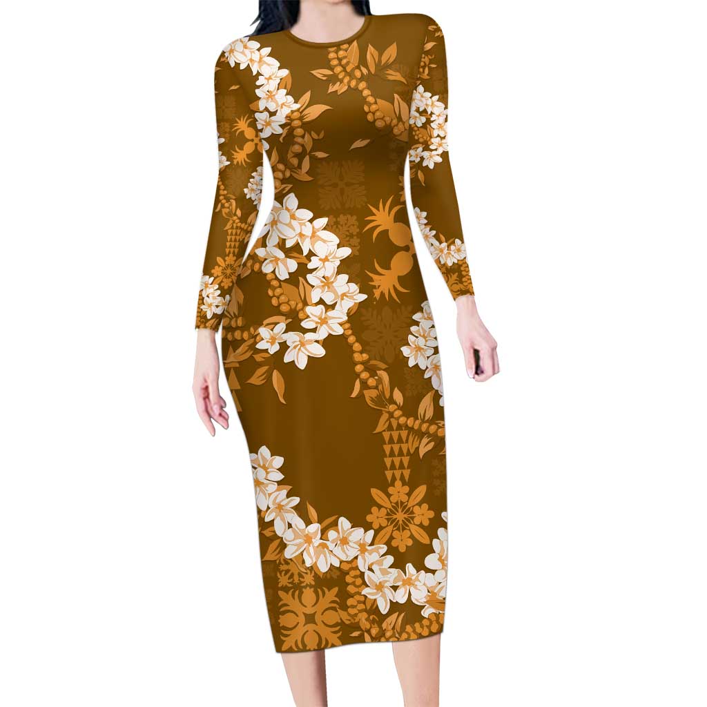 Mokihana Maile and Ilima Leis Long Sleeve Bodycon Dress Alani Hawaiian Tapa Quilt Pattern - Polynesian Pride