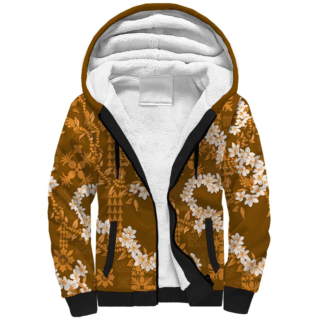 Mokihana Maile and Ilima Leis Sherpa Hoodie Alani Hawaiian Tapa Quilt Pattern - Polynesian Pride