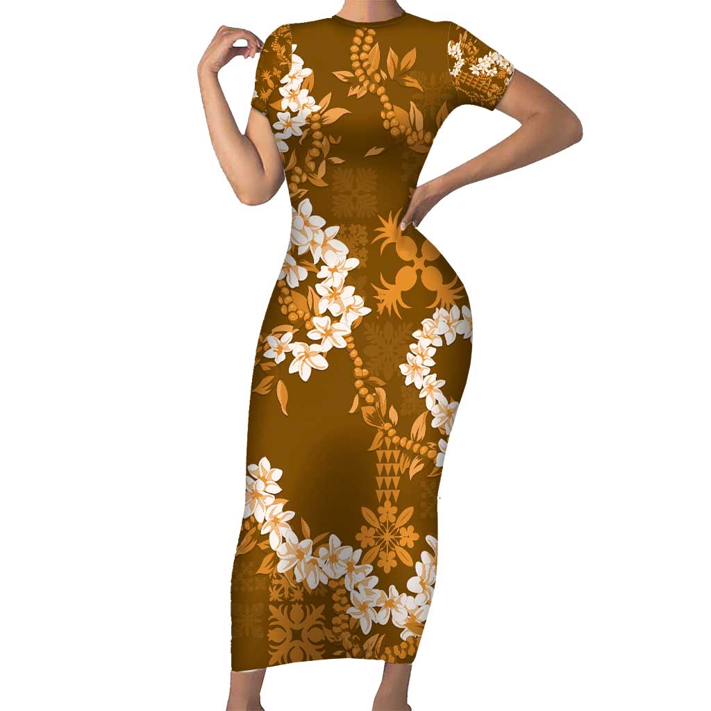 Mokihana Maile and Ilima Leis Short Sleeve Bodycon Dress Alani Hawaiian Tapa Quilt Pattern - Polynesian Pride