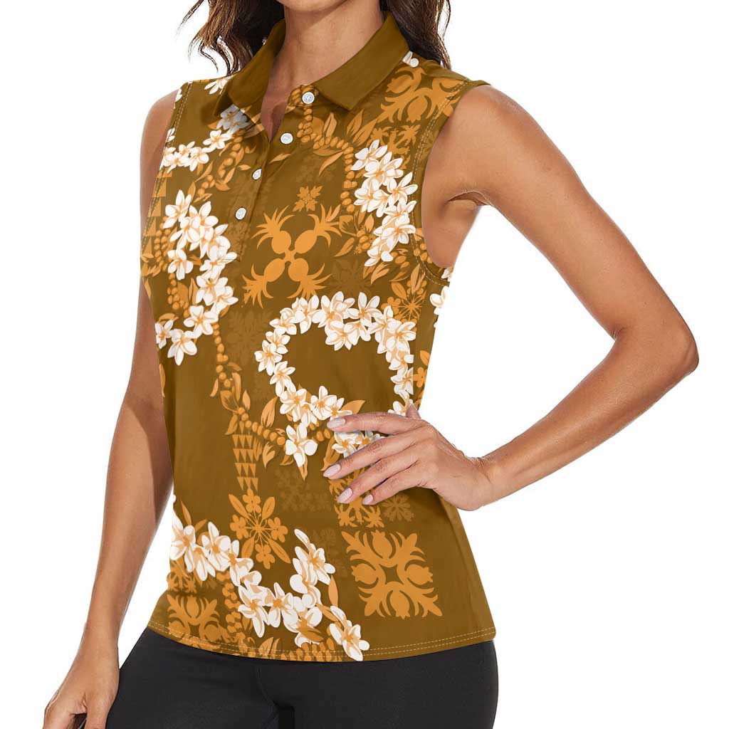Mokihana Maile and Ilima Leis Women Sleeveless Polo Shirt Alani Hawaiian Tapa Quilt Pattern - Polynesian Pride