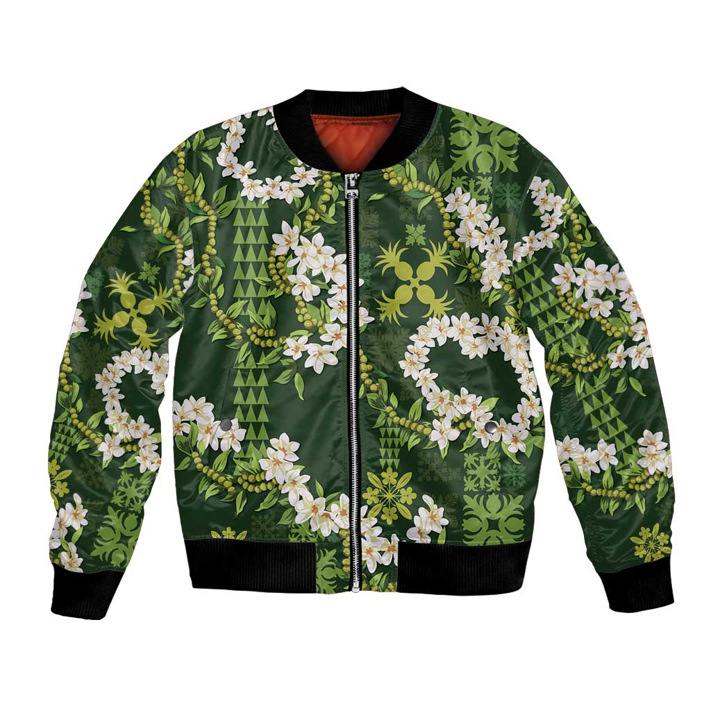 Mokihana Maile and Ilima Leis Bomber Jacket Omaʻomaʻo Hawaiian Tapa Quilt Pattern - Polynesian Pride