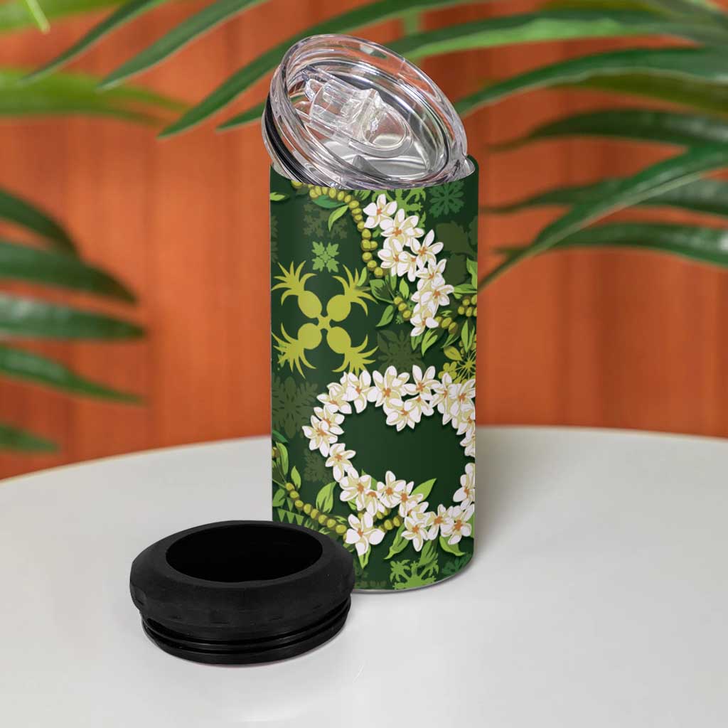 Mokihana Maile and Ilima Leis 4 in 1 Can Cooler Tumbler Omaʻomaʻo Hawaiian Tapa Quilt Pattern - Polynesian Pride