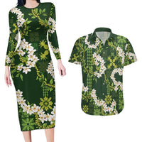 Mokihana Maile and Ilima Leis Couples Matching Long Sleeve Bodycon Dress and Hawaiian Shirt Omaʻomaʻo Hawaiian Tapa Quilt Pattern - Polynesian Pride