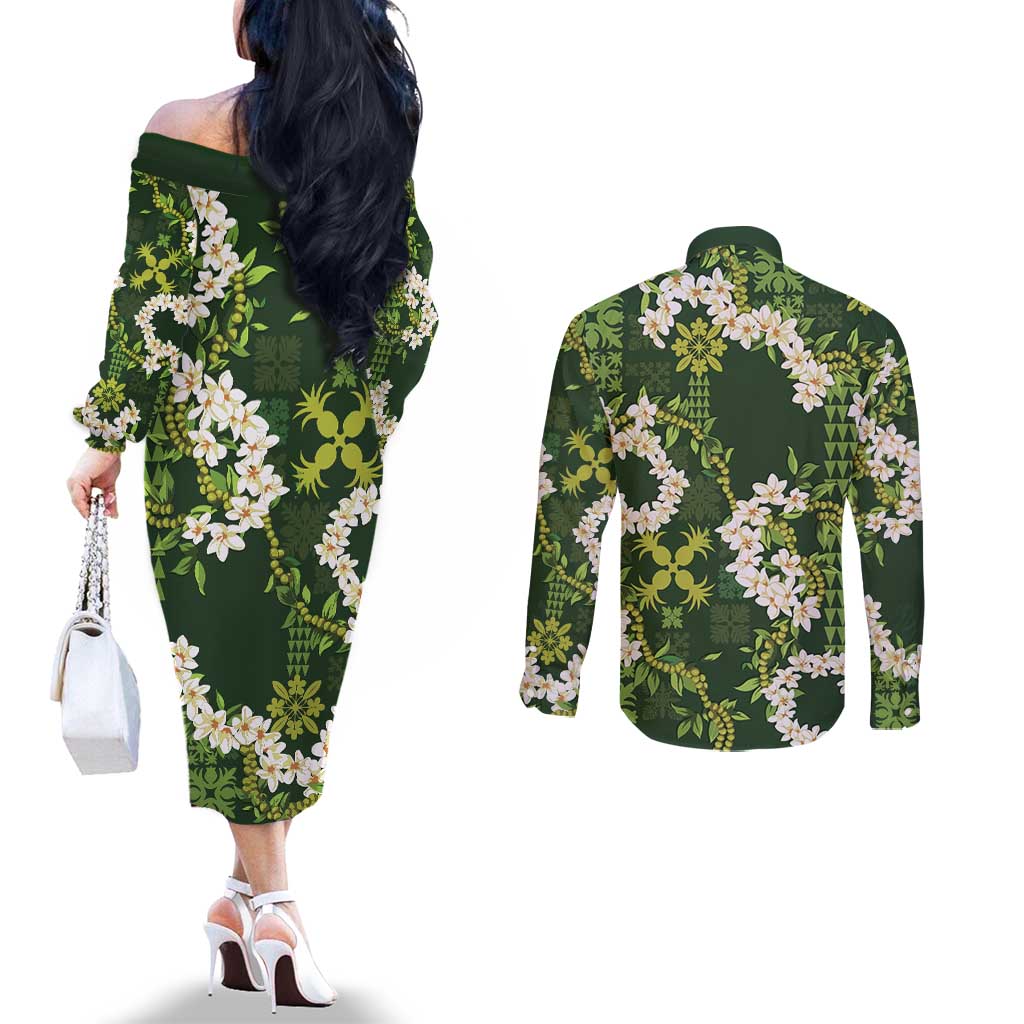 Mokihana Maile and Ilima Leis Couples Matching Off The Shoulder Long Sleeve Dress and Long Sleeve Button Shirt Omaʻomaʻo Hawaiian Tapa Quilt Pattern - Polynesian Pride