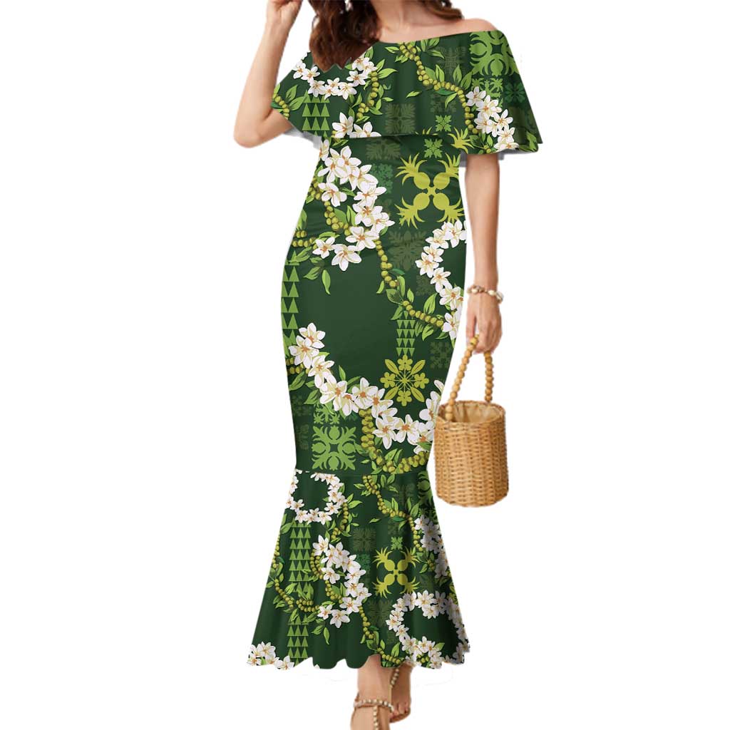 Mokihana Maile and Ilima Leis Family Matching Mermaid Dress and Hawaiian Shirt Omaʻomaʻo Hawaiian Tapa Quilt Pattern - Polynesian Pride