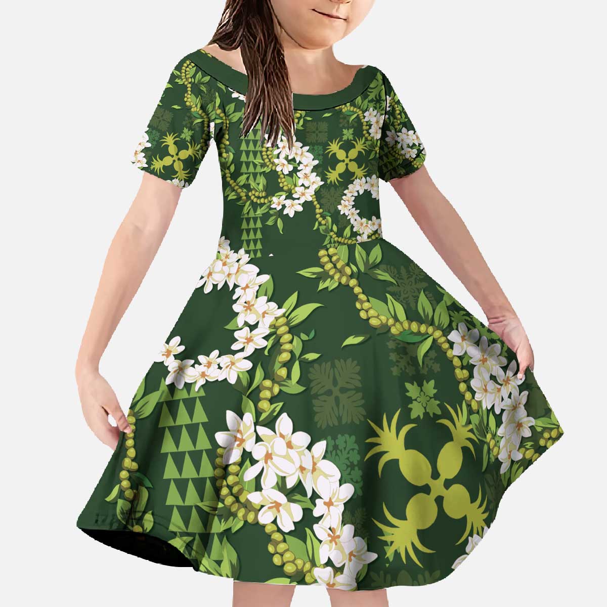 Mokihana Maile and Ilima Leis Family Matching Off The Shoulder Long Sleeve Dress and Hawaiian Shirt Omaʻomaʻo Hawaiian Tapa Quilt Pattern - Polynesian Pride