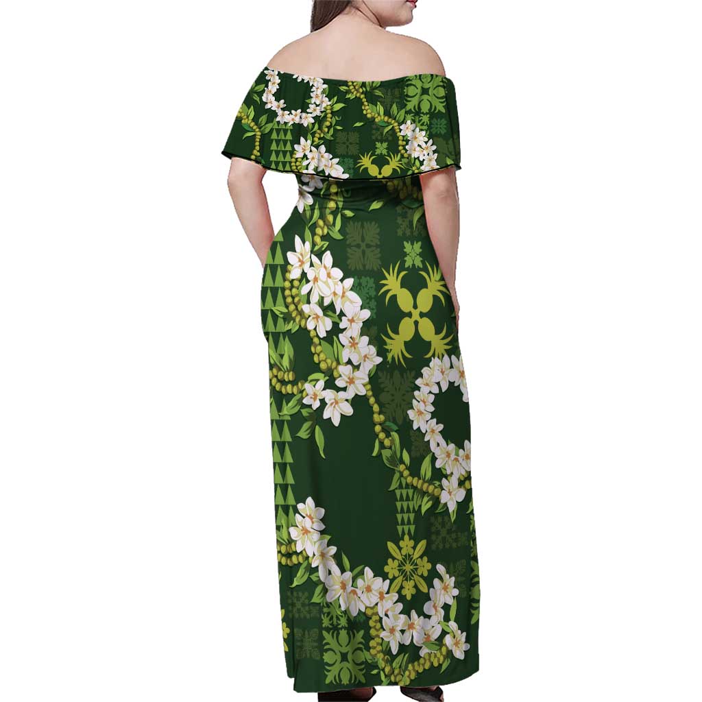 Mokihana Maile and Ilima Leis Family Matching Off Shoulder Maxi Dress and Hawaiian Shirt Omaʻomaʻo Hawaiian Tapa Quilt Pattern - Polynesian Pride
